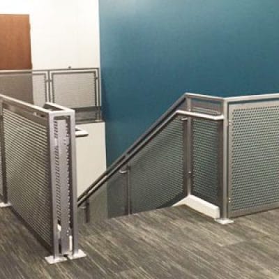 perforated metal railings, stainless steel railings, custom, installation, office building, perforated metal