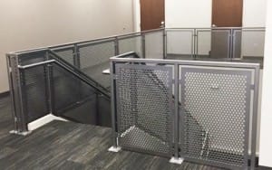 perforated metal railings, stainless steel railings, custom, installation, office building, perforated metal