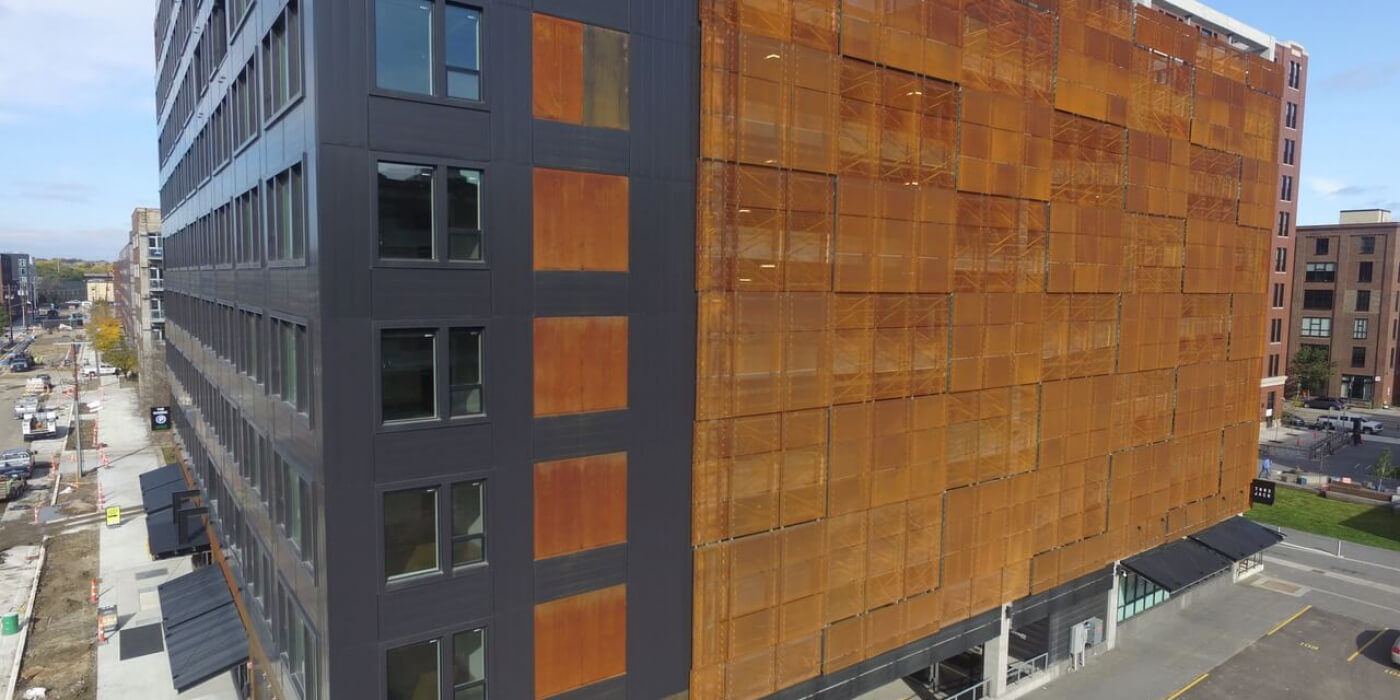 Perforated Weathering Steel Cladding at Nordic parking ramp in Minneapolis
